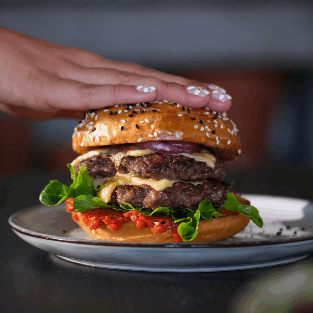 Smokey burger met pittige paprika-salsa, gepofte knoflookmayonaise & Old Amsterdam