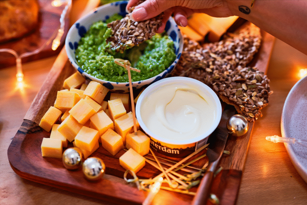 Cheese platter with dips and snacks