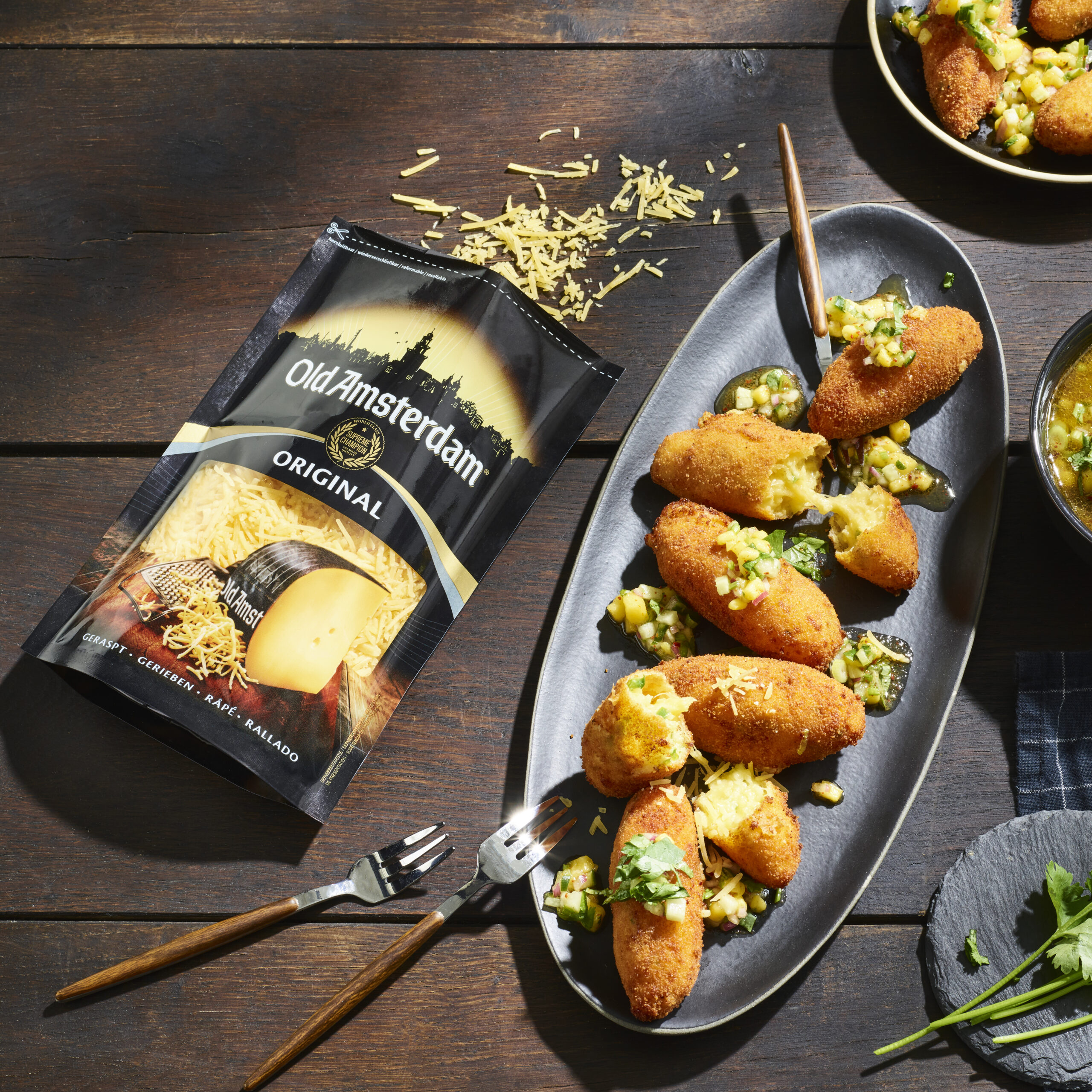 Spicy Cheese-Potato Croquettes with Mango-Cucumber Salsa