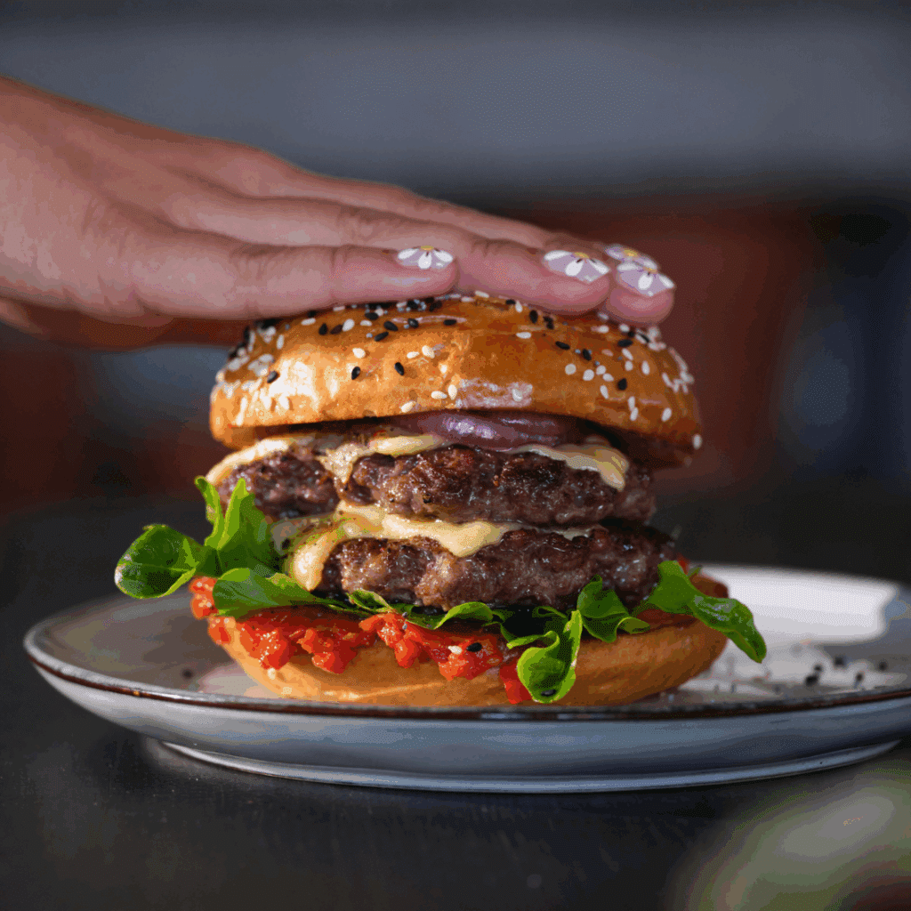 Smokey burger met pittige paprika-salsa, gepofte knoflookmayonaise & Old Amsterdam